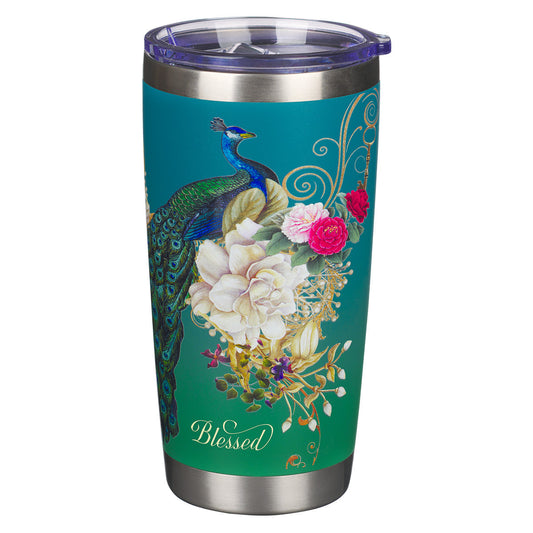 Blessed Blue Peacock Stainless Steel Travel Mug - Jeremiah 17:7