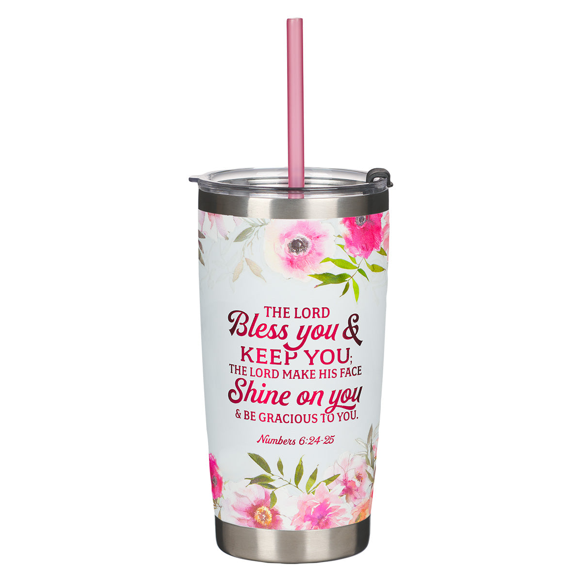 Bless You Floral Pink Stainless Steel Travel Mug - Numbers 6:24-25