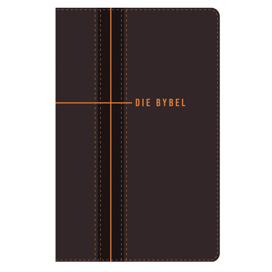 NLV Donkerbruin en Oranje Kunsleer Standaard Bybel Met Duimgrepe