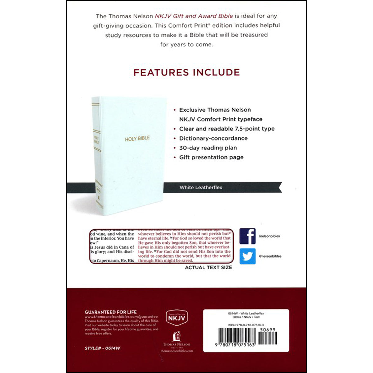 NKJV White Faux Leather Gift And Award Bible Red Letter Comfort Print Flexcover