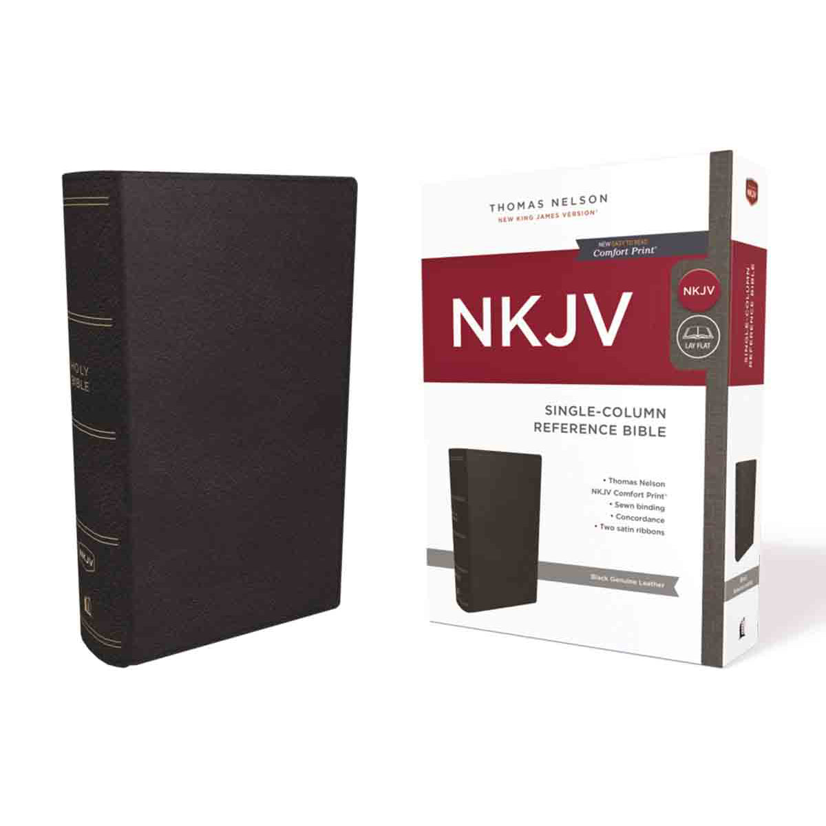 NKJV Single Column Reference Bible Red Letter Black (Comfort Print)(Genuine Leather)