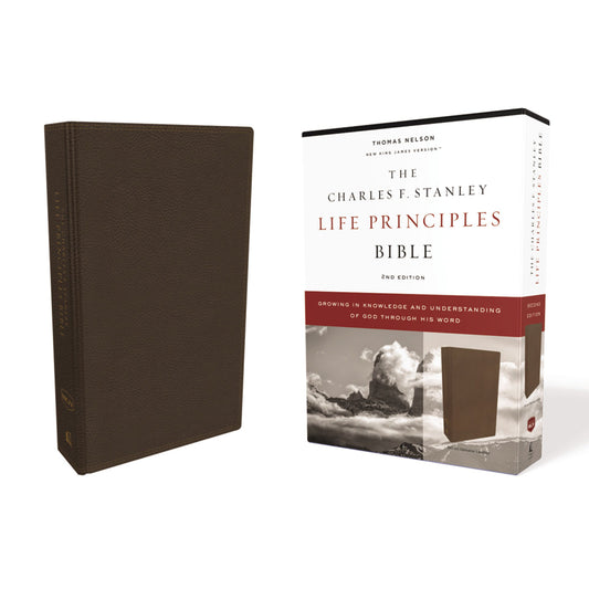 NKJV Charles F Stanley Life Princ 2nd Edition Brown (Comfort Print)(Genuine Leather)