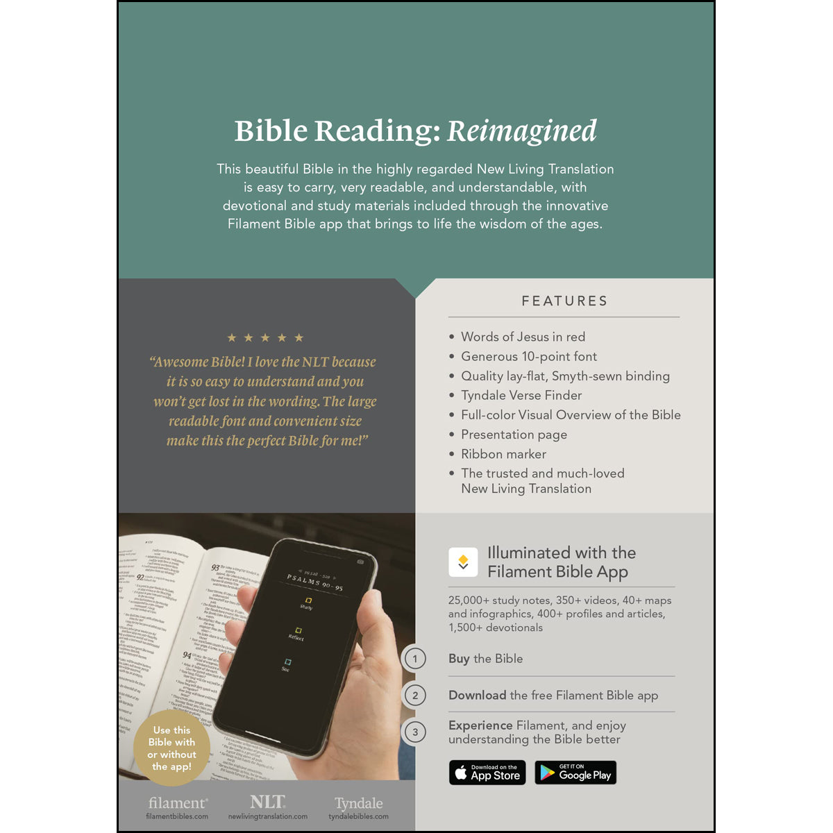 NLT Filament Compact Bible Giant Print Red Letter Indexed Peony Rich Teal (Imitation Leather)