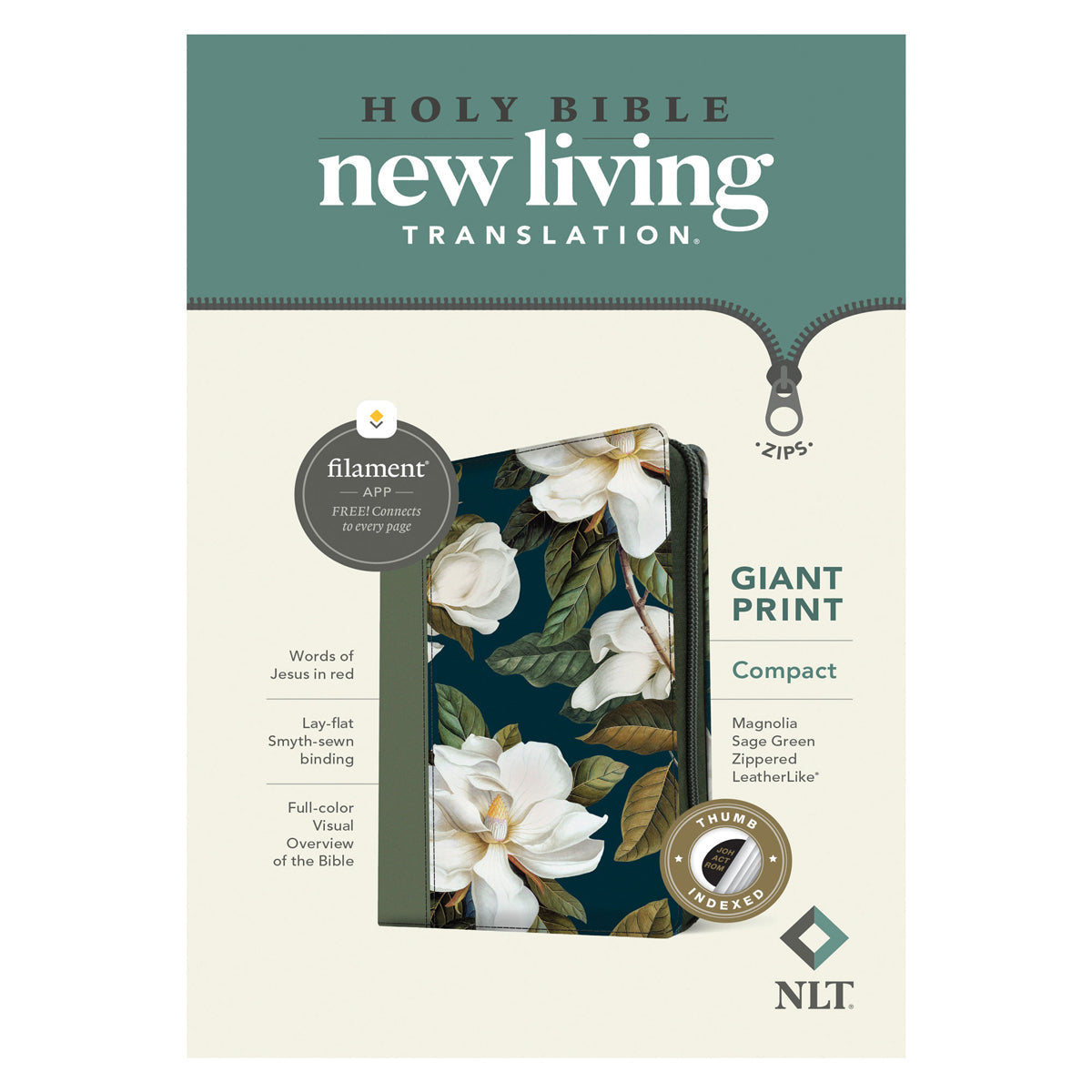NLT Sage Green Imitation Leather Filament Compact Zipper Bible Giant Print