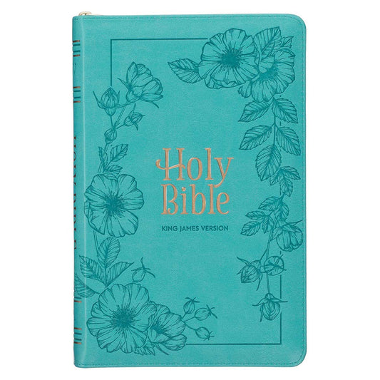 KJV Teal Floral Faux Leather Flexcover Deluxe Gift Bible With Zip